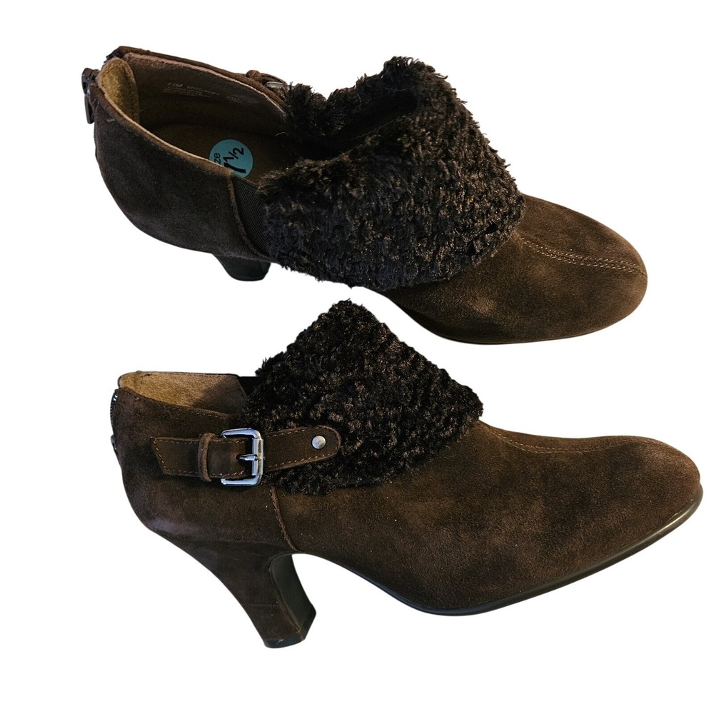 Aerosoles Booties Womens 7.5 Brown Soto Suede Faux Fur Buckle Ankle Boots Zip